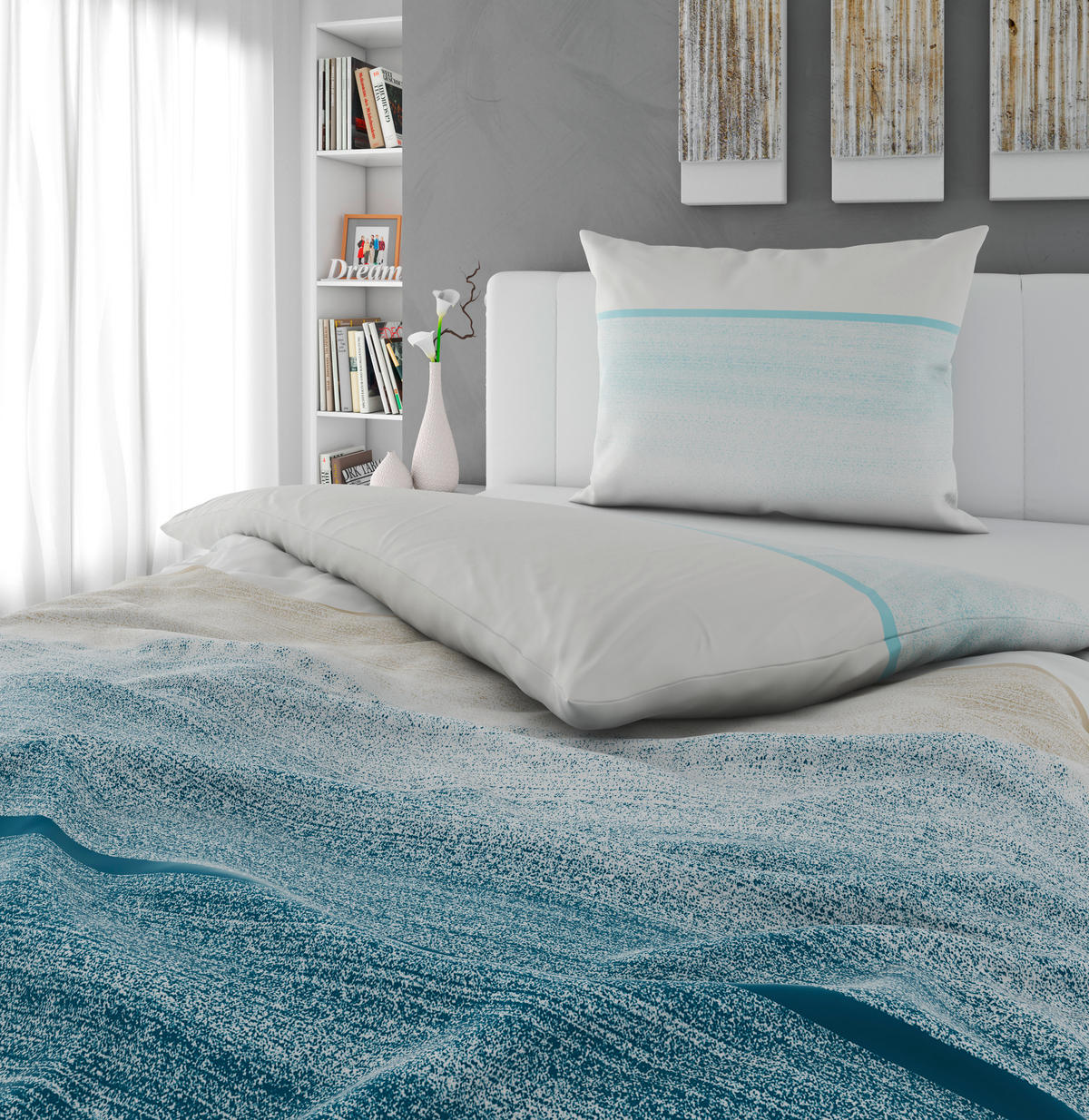 POSTELJINA TANJA 140/200 cm saten plava, bela, bež  - bela/bež, Konvencionalno, tekstil (140/200cm) - Novel