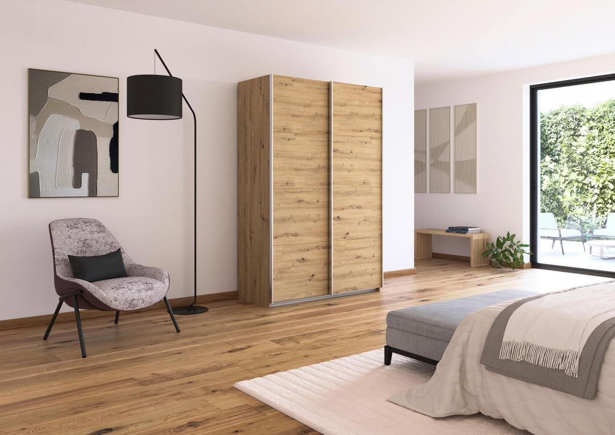 SCHWEBETÜRENSCHRANK  in Eiche Artisan  - Alufarben/Eiche Artisan, KONVENTIONELL, Holzwerkstoff/Metall (136/229/62cm) - Xora