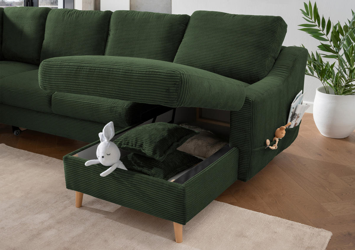 WOHNLANDSCHAFT in Cord Dunkelgrün  - Dunkelgrün/Naturfarben, Konventionell, Holz/Textil (200/301/150cm) - P & B