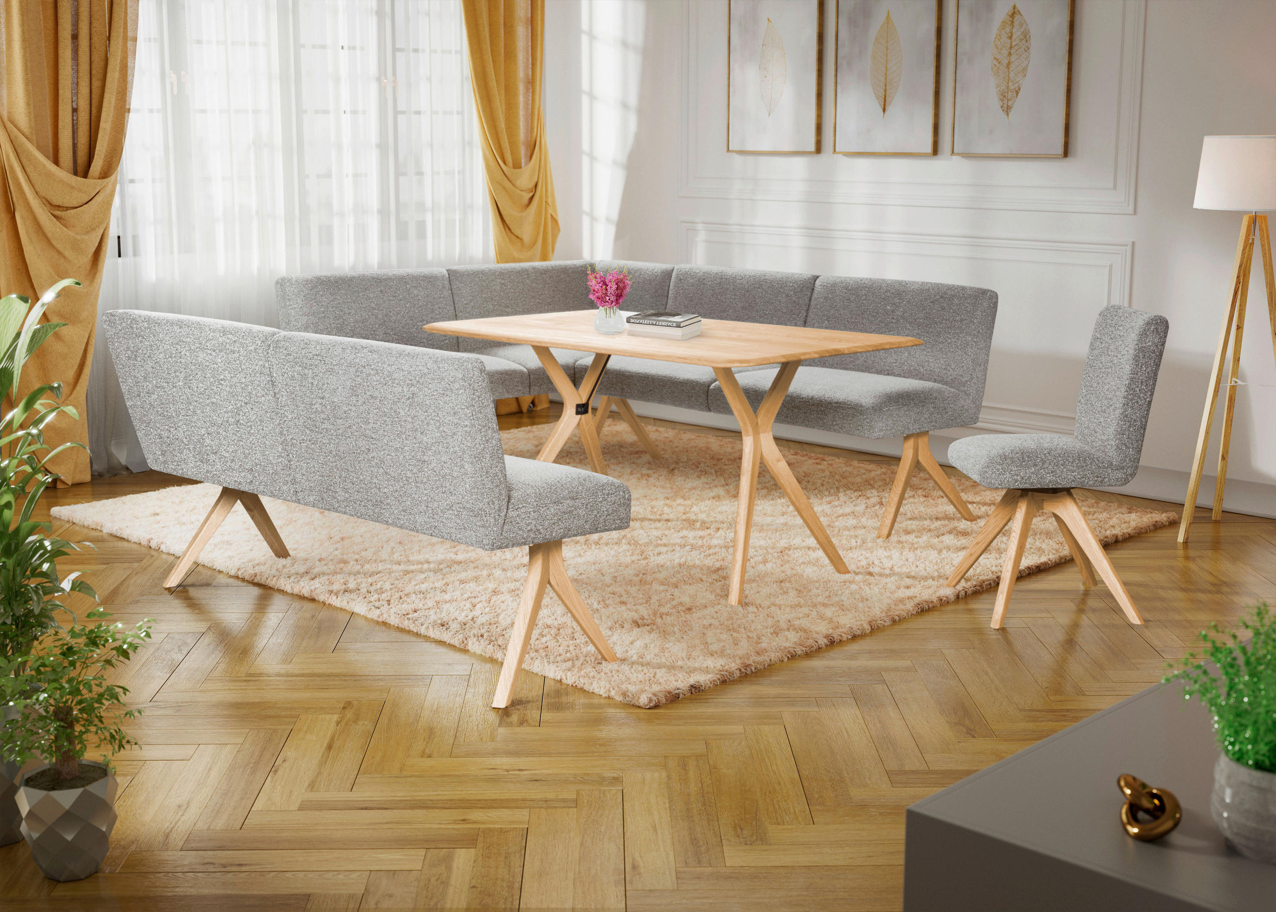 ECKBANK 172/218 cm Webstoff Hellgrau Eiche vollmassiv   - Eichefarben/Hellgrau, KONVENTIONELL, Holz/Textil (172/218cm) - Linea Natura