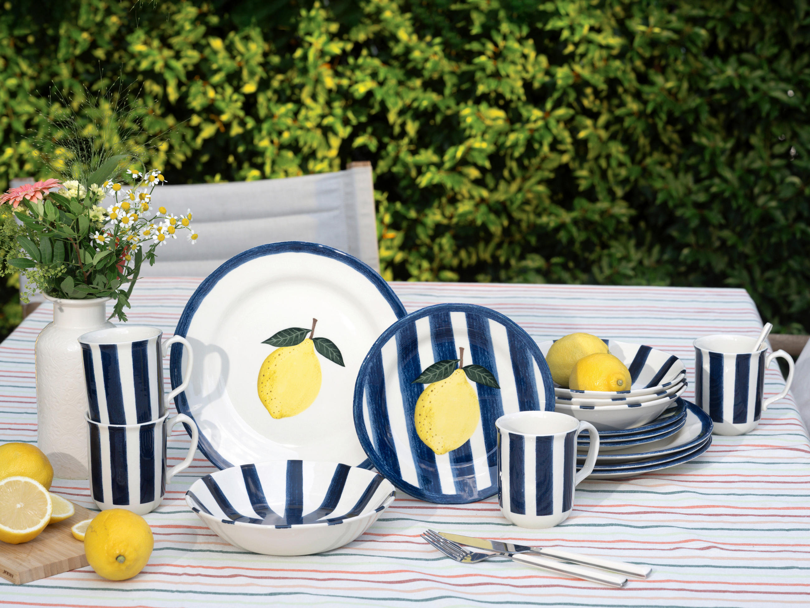 KOMBISERVICE Blau, Gelb, Grauweiß Summer Stripes Blau 16-teilig 4 Personen  - Blau/Gelb, Basics, Keramik - Creatable