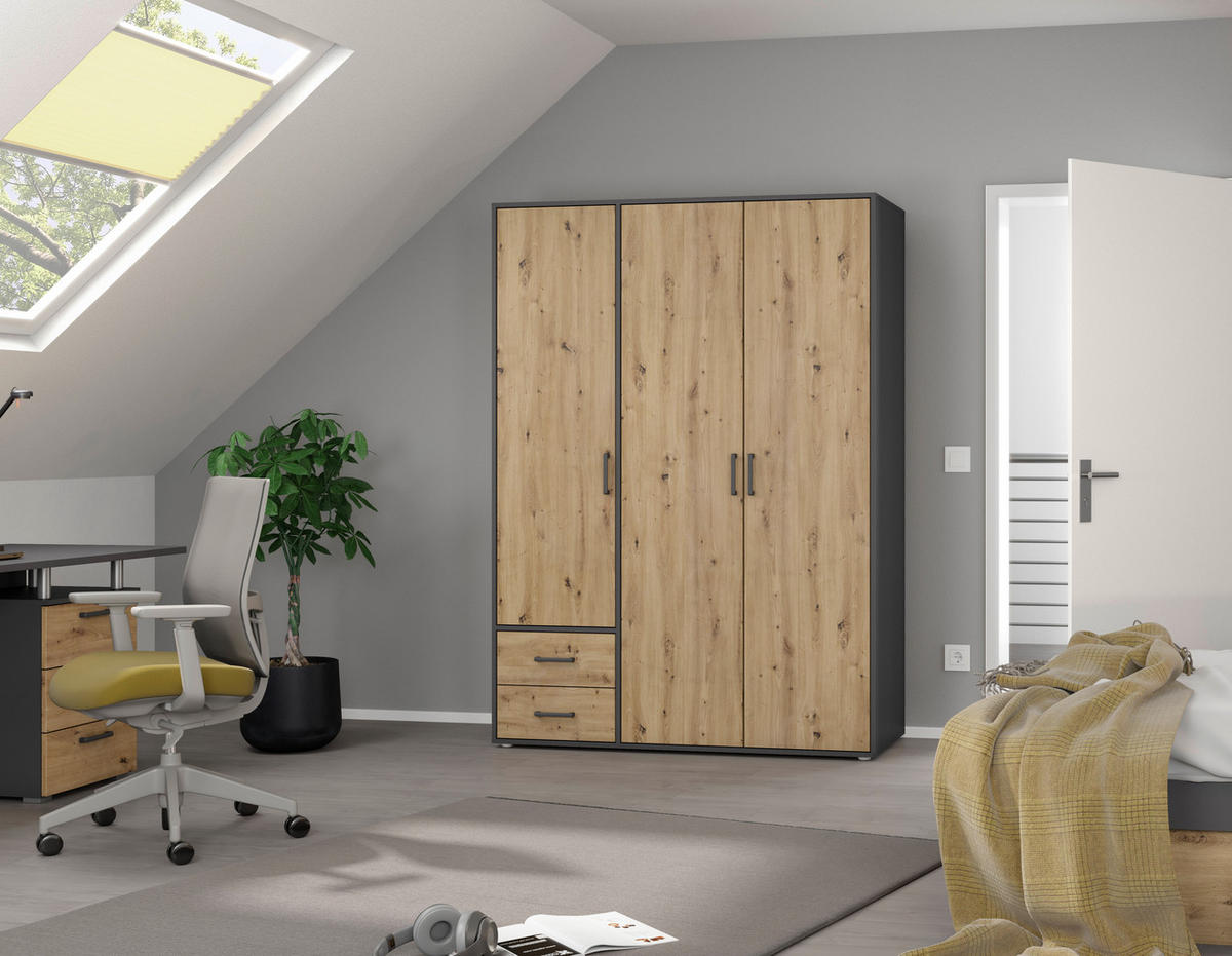 DREHTÜRENSCHRANK in Grau, Eiche Artisan  - Eiche Artisan/Grau, Modern, Holzwerkstoff/Kunststoff (140/194/53cm) - Rauch Möbel