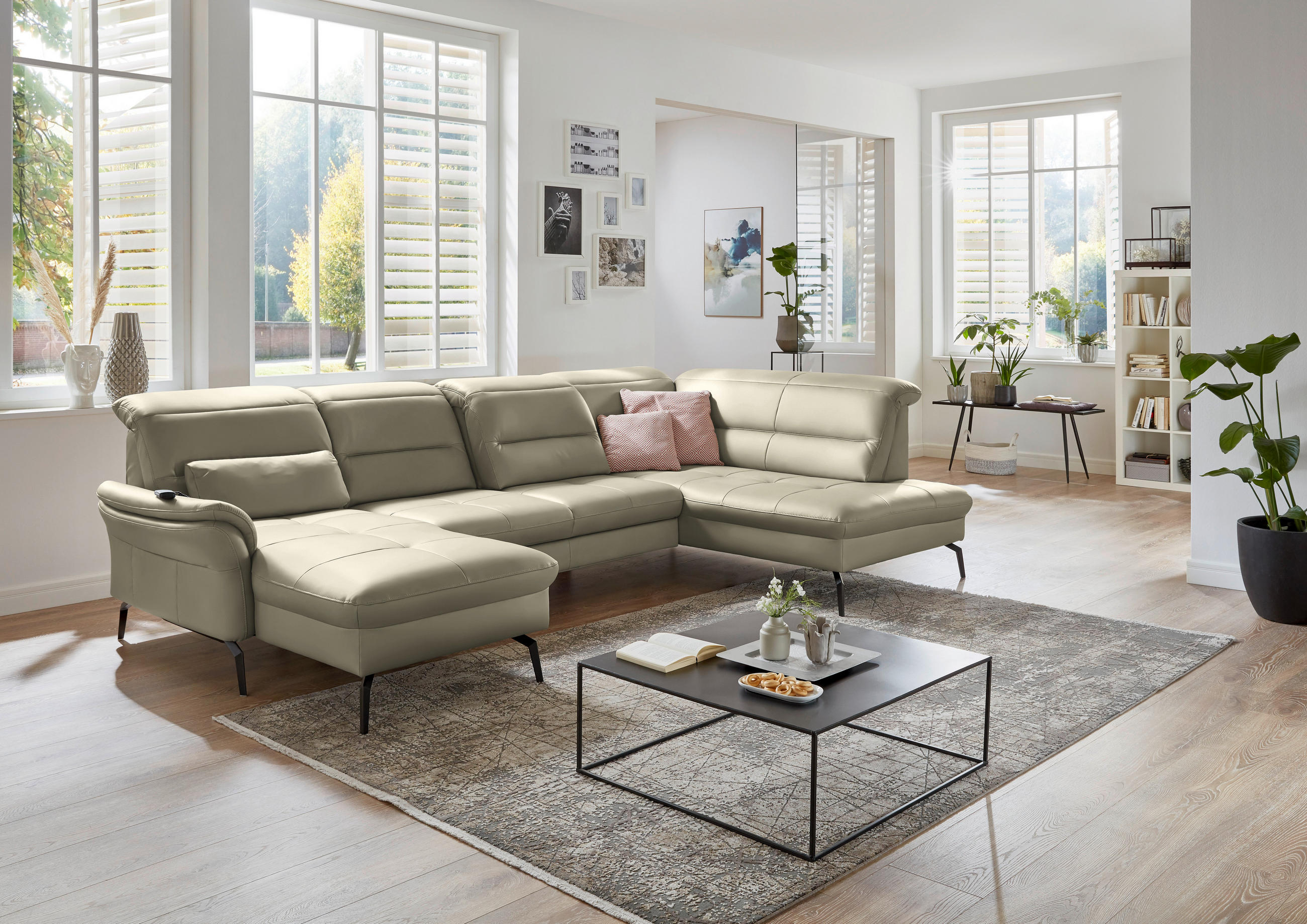 WOHNLANDSCHAFT in Echtleder Creme, Naturfarben  - Creme/Schwarz, Design, Leder/Metall (181/336/206cm) - Beldomo Speed