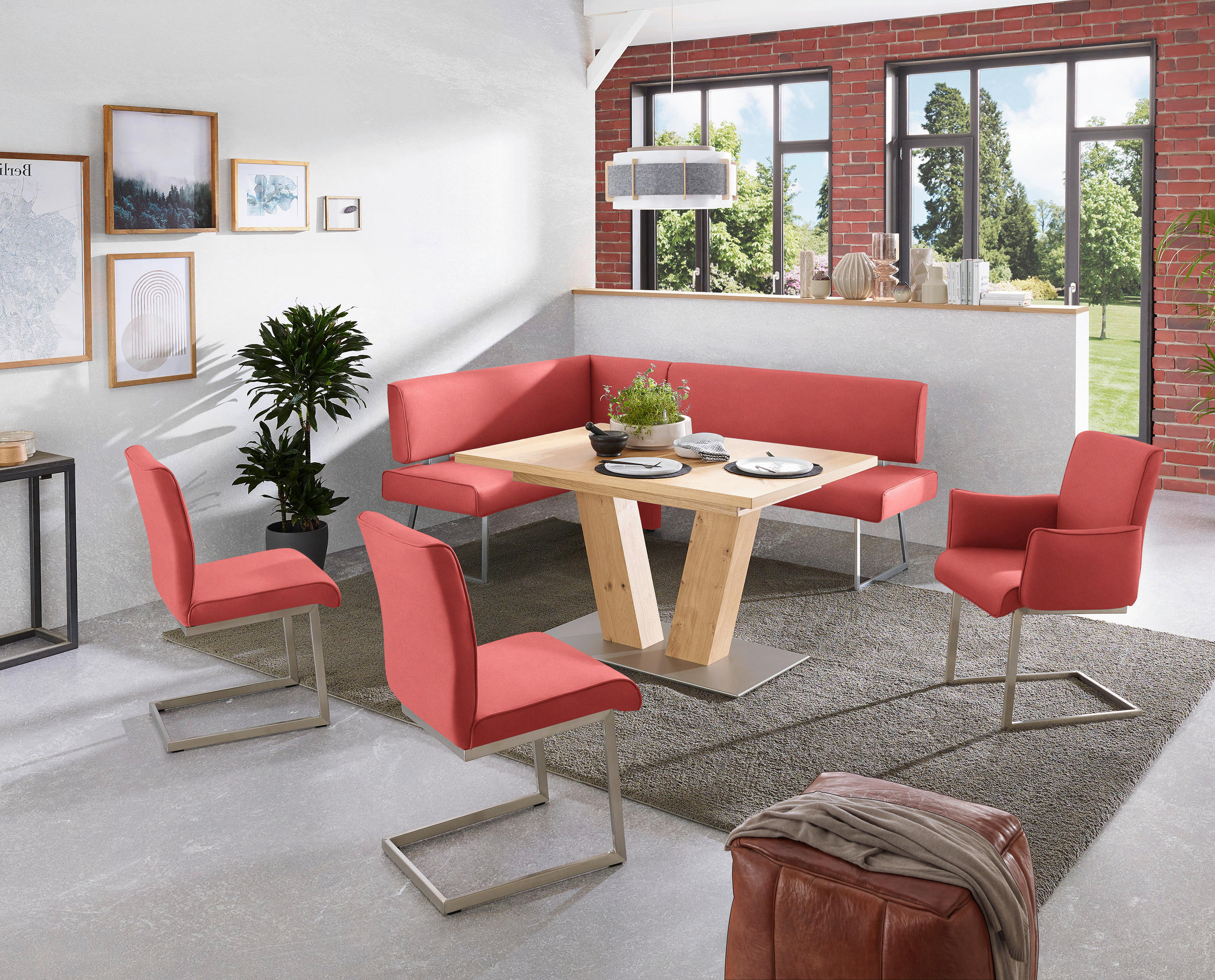 ECKBANK 160/185 cm  in Rot, Edelstahlfarben  - Edelstahlfarben/Rot, Design, Textil/Metall (160/185cm) - Dieter Knoll