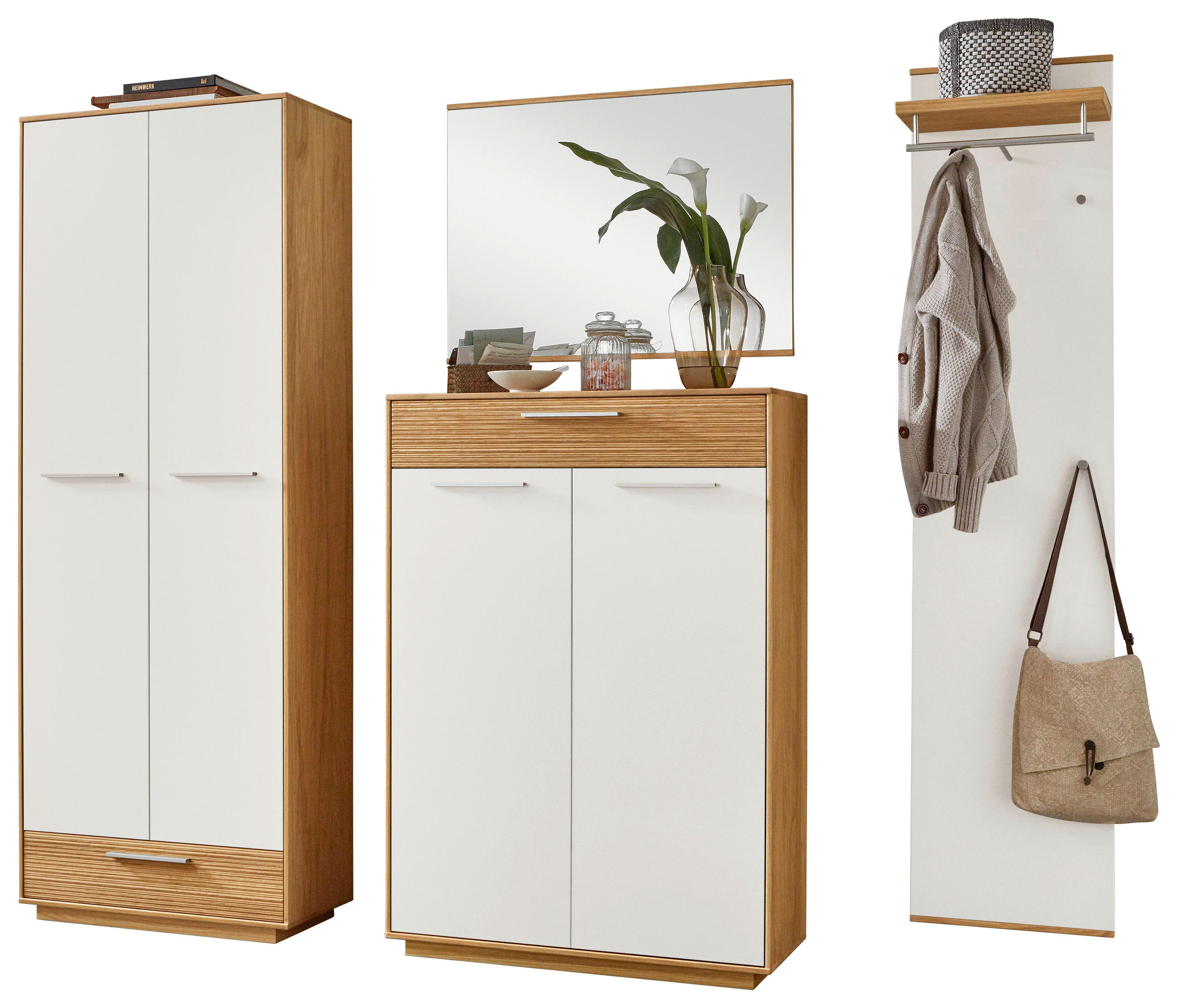 Thumbnail - Garderobe, Weiß, Eiche, Holz, Holzwerkstoff, 4-teilig, Eiche, furniert, massiv, teilmassiv, 220x195x37 cm, Goldenes M, M...