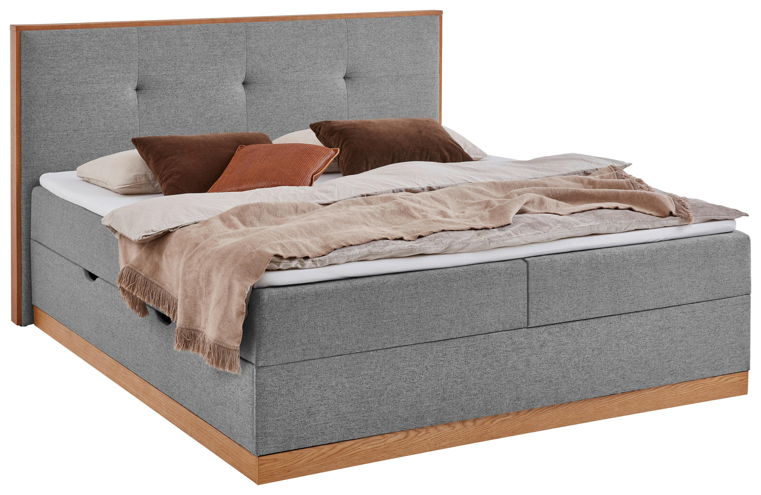 BOXBETT 180/200 cm,  in Grau, Matratze, gepolstertes Kopfteil, Bettkasten, Topper, H3 = fest  - Eichefarben/Grau, Basics, Holzwerkstoff/Textil (180/200cm) - Boxxx
