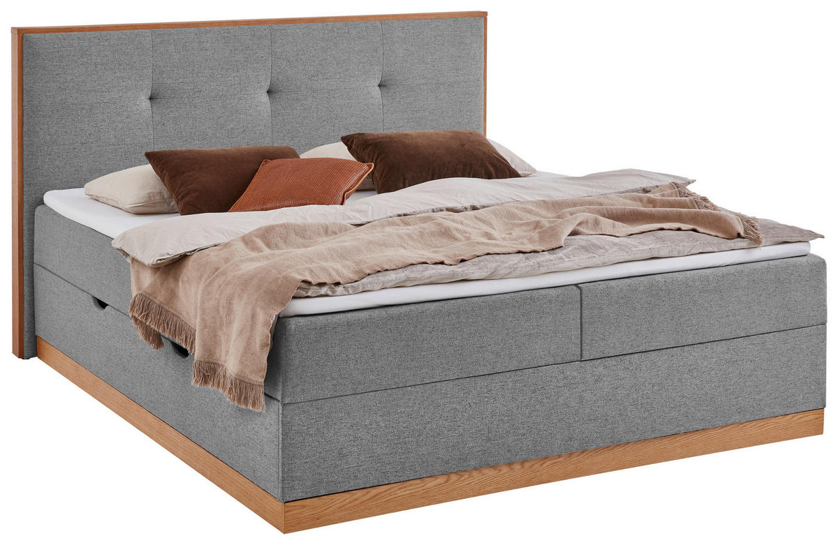 BOXBETT 180/200 cm,  in Grau, Matratze, gepolstertes Kopfteil, Bettkasten, Topper, H3 = fest  - Eichefarben/Grau, Basics, Holzwerkstoff/Textil (180/200cm) - Boxxx
