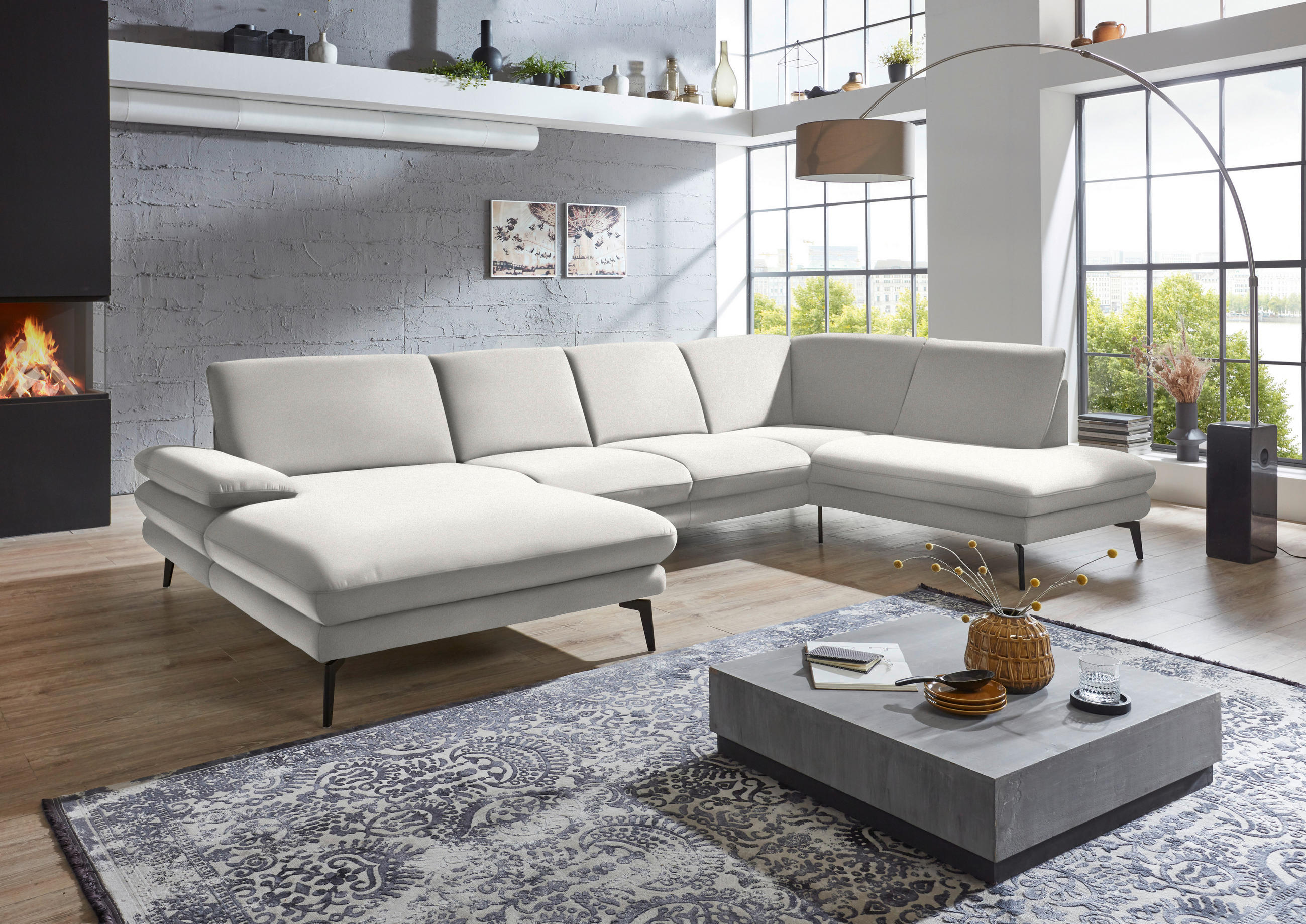 WOHNLANDSCHAFT Creme, Naturfarben Webstoff  - Creme/Schwarz, Design, Textil/Metall (180/344/208cm) - Dieter Knoll