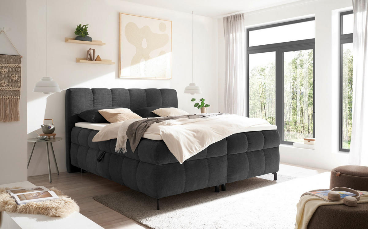 BOXBETT 180/200 cm,  in Dunkelgrau, Bettkasten, Topper, Matratzen, H2 = mittel  - Dunkelgrau/Schwarz, KONVENTIONELL, Kunststoff/Textil (180/200cm) - Hom`in