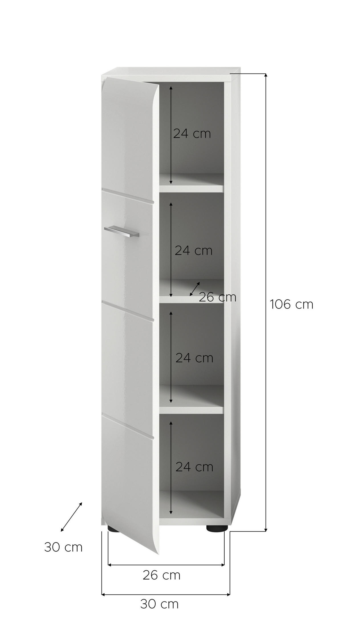 MIDISCHRANK 30/106/30 cm  - Weiss Hochglanz/Weiss, Modern, Holzwerkstoff/Kunststoff (30/106/30cm) - MID.YOU