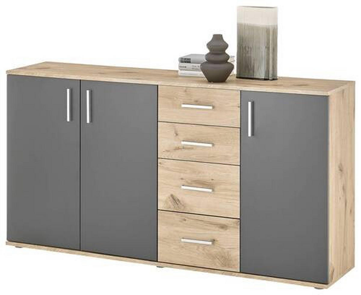 Sideboard Basel 160/84/35 cm  in Grau, Eichefarben  - Eichefarben/Silberfarben, Design, Holzwerkstoff/Kunststoff (160/84/35cm) - MID.YOU