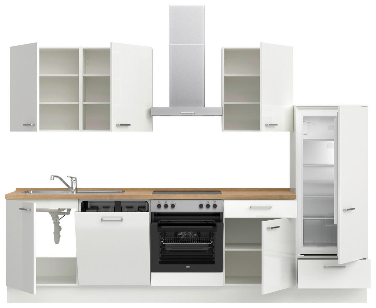 KÜCHENLEERBLOCK 300 cm   in Eichefarben, Weiß Hochglanz  - Edelstahlfarben/Eichefarben, MODERN, Holzwerkstoff/Metall (300cm) - Nobilia