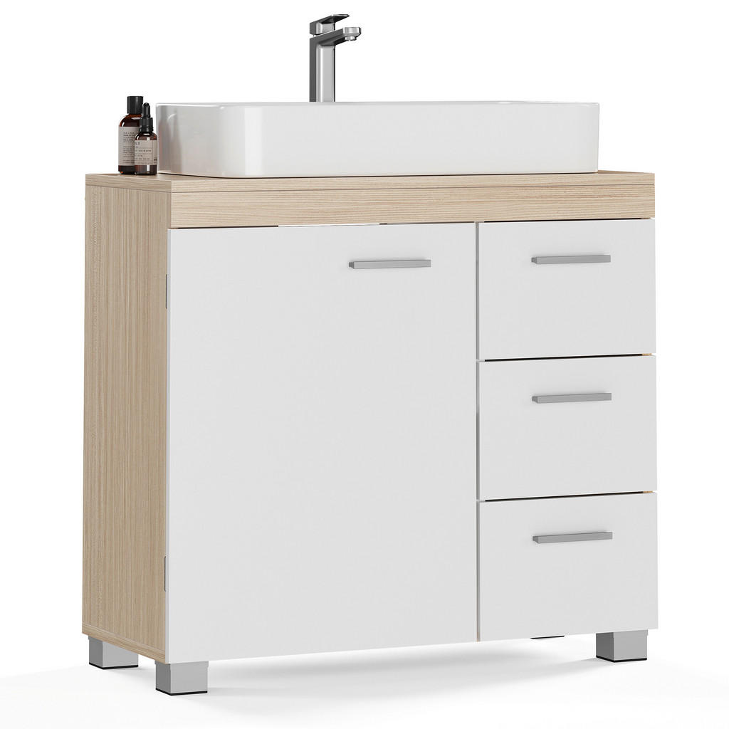 Thumbnail - Mid.you Waschbeckenunterschrank, Weiß, Holzwerkstoff, 1 Fächer, 3 Schubladen, 70x64x30 cm, stehend, Badezimmer, Badezimm...