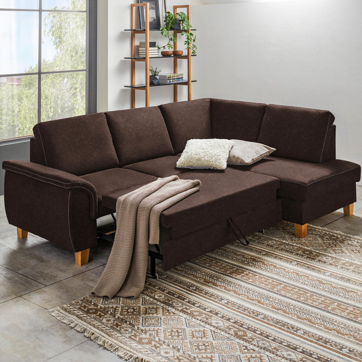 ECKSOFA in Flachgewebe Braun  - Eichefarben/Braun, Design, Holz/Textil (253/185cm) - Cantus
