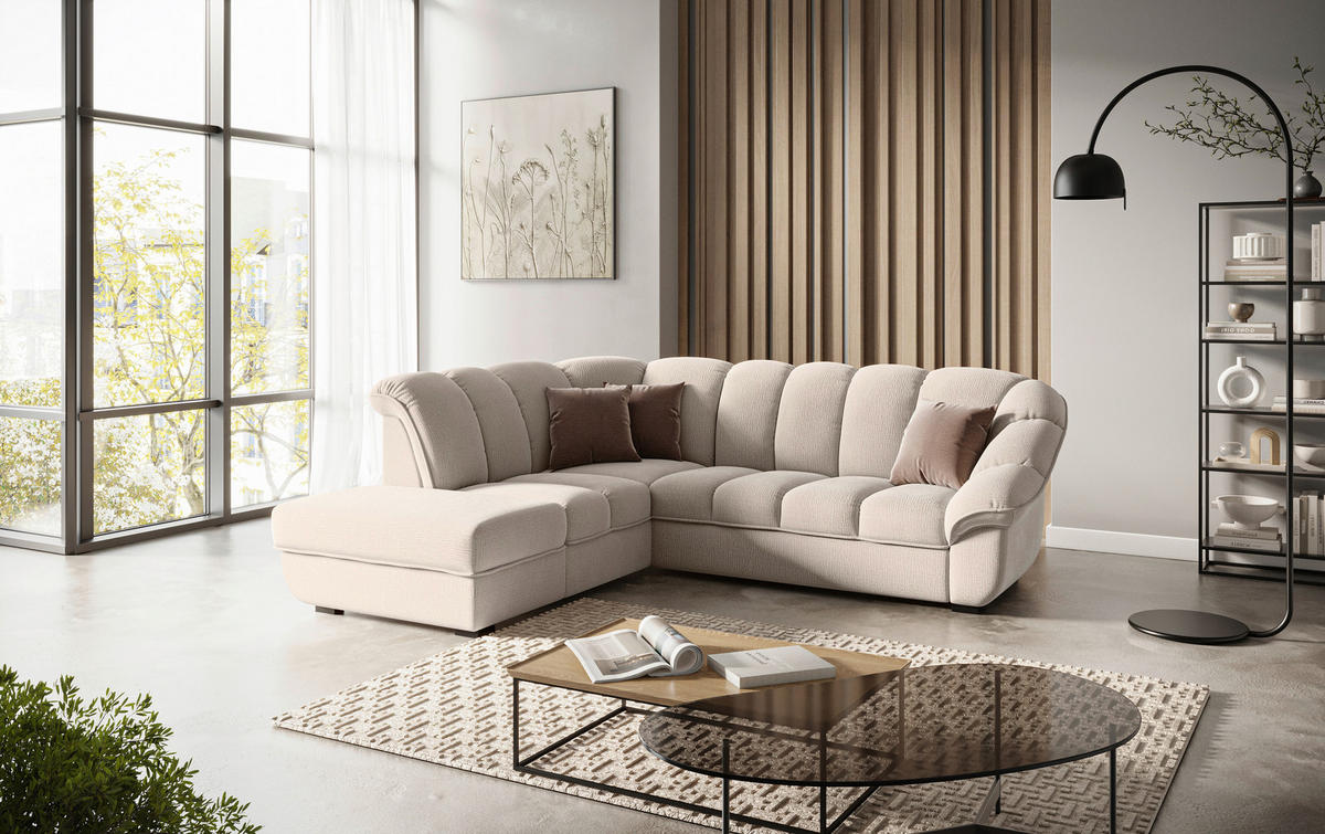 ECKSOFA Naturfarben Chenille Bettkasten, Schlaffunktion, Rücken echt  - Schwarz/Naturfarben, KONVENTIONELL, Kunststoff/Textil (222/260cm) - Welnova