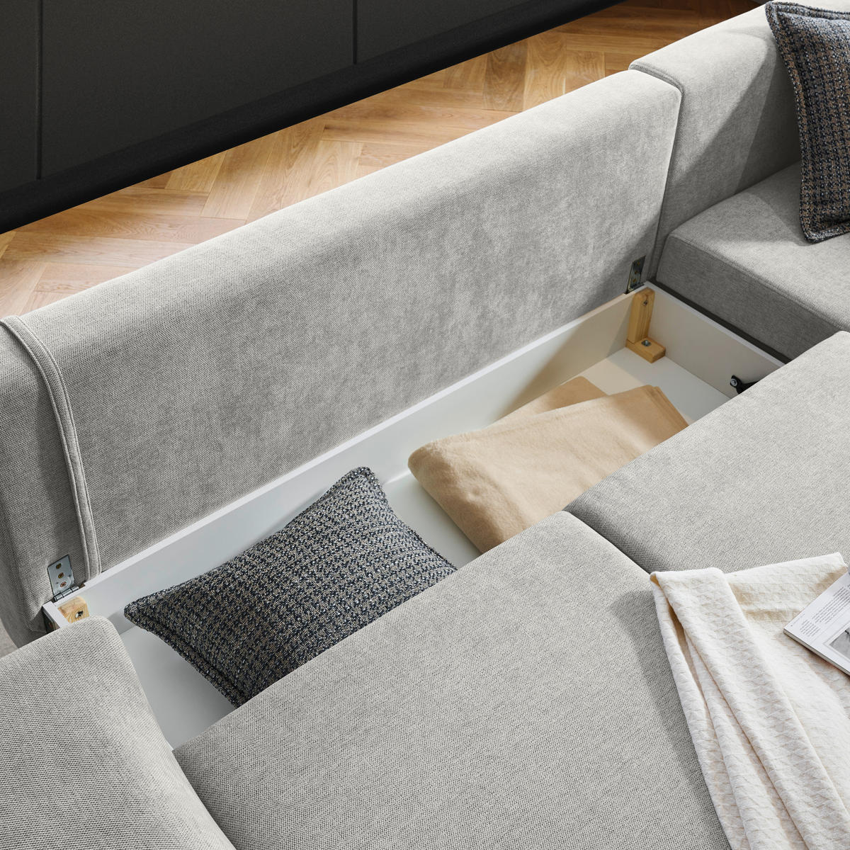 ECKSOFA inkl. Funktionen Creme Webstoff Rückenkissen, Bettkasten, Schlaffunktion, Rücken echt  - Wengefarben/Creme, Design, Holz/Textil (314/211cm) - Stylife