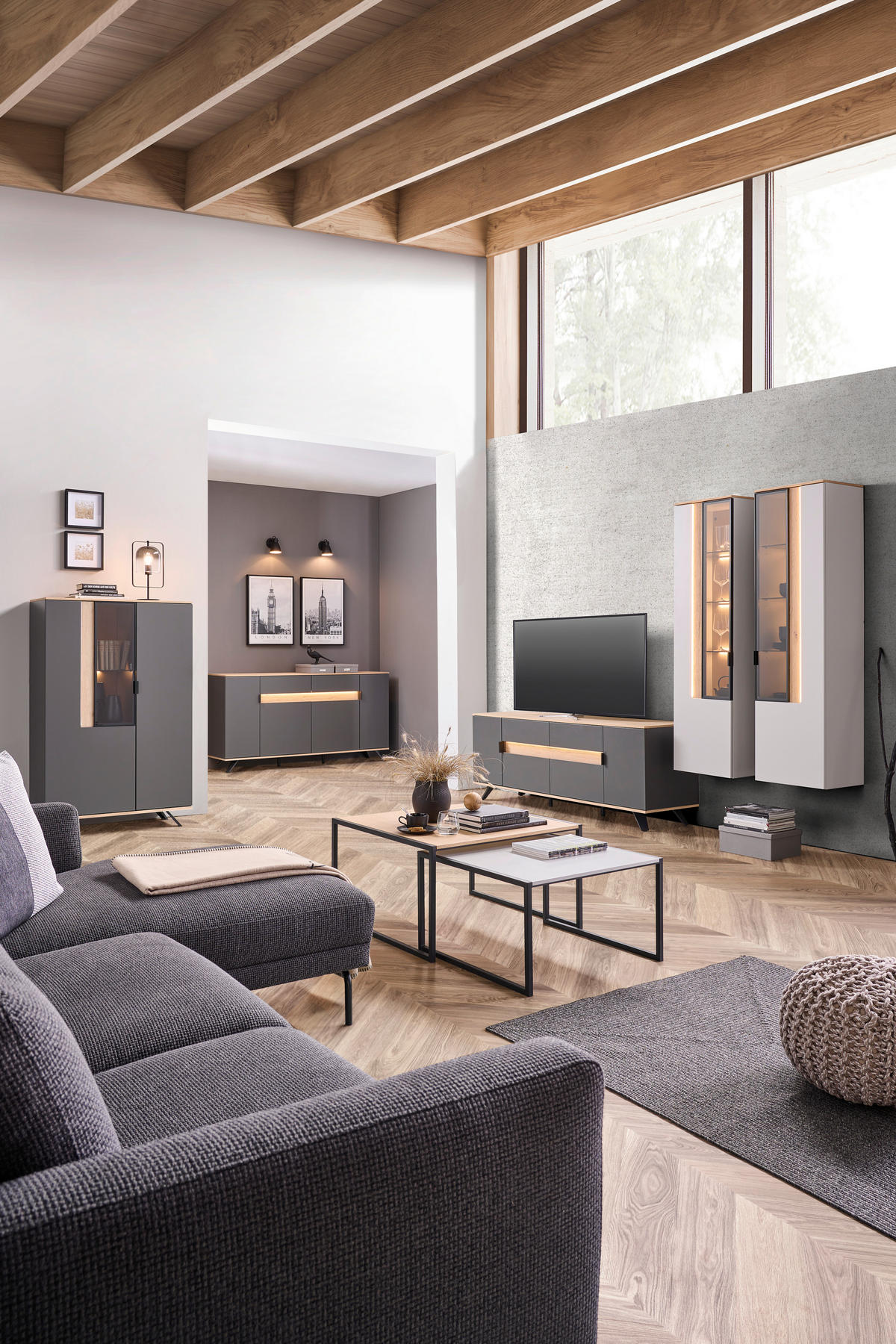 WOHNWAND  in Anthrazit, Grau, Eichefarben   - Eichefarben/Anthrazit, Design, Glas/Holz (297cm) - Dieter Knoll