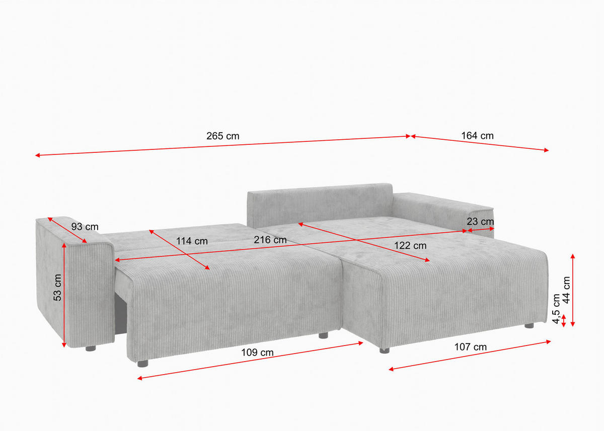 ECKSOFA CHANCE Dunkelgrau Cord  - Dunkelgrau/Schwarz, MODERN, Kunststoff/Textil (265/164cm) - Trendmanufaktur