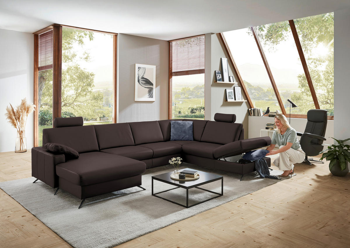 WOHNLANDSCHAFT in Echtleder Dunkelbraun  - Dunkelbraun/Schwarz, Design, Leder/Metall (165/339/233cm) - Beldomo Premium