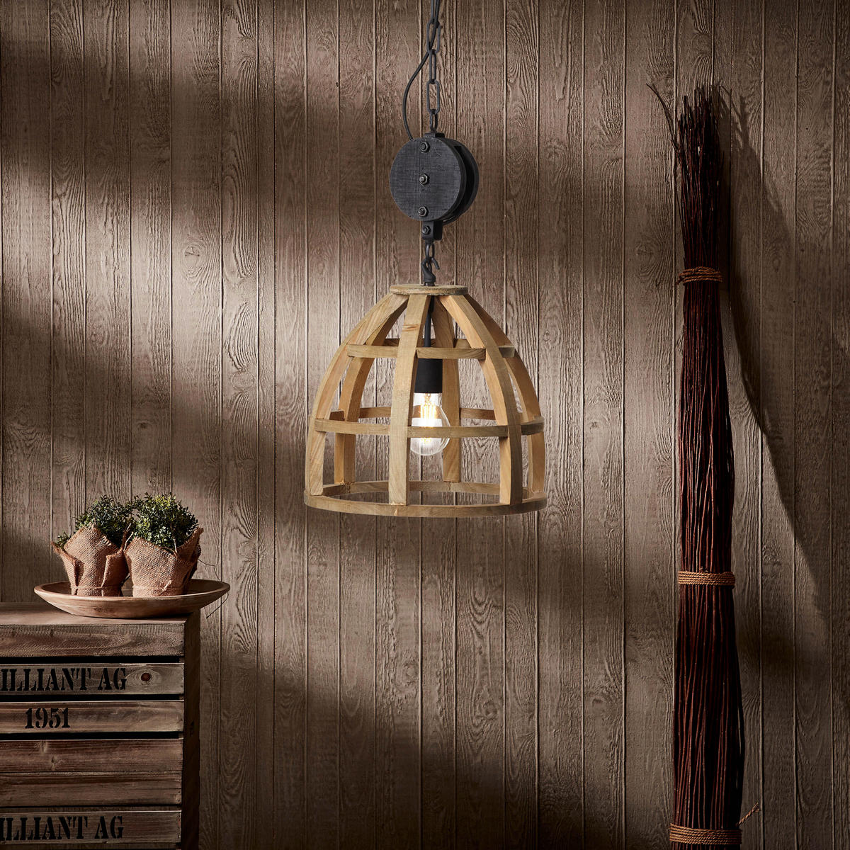 PENDELLEUCHTE 34/143 cm   - Hellbraun/Schwarz, Natur, Holz/Metall (34/143cm) - Brilliant