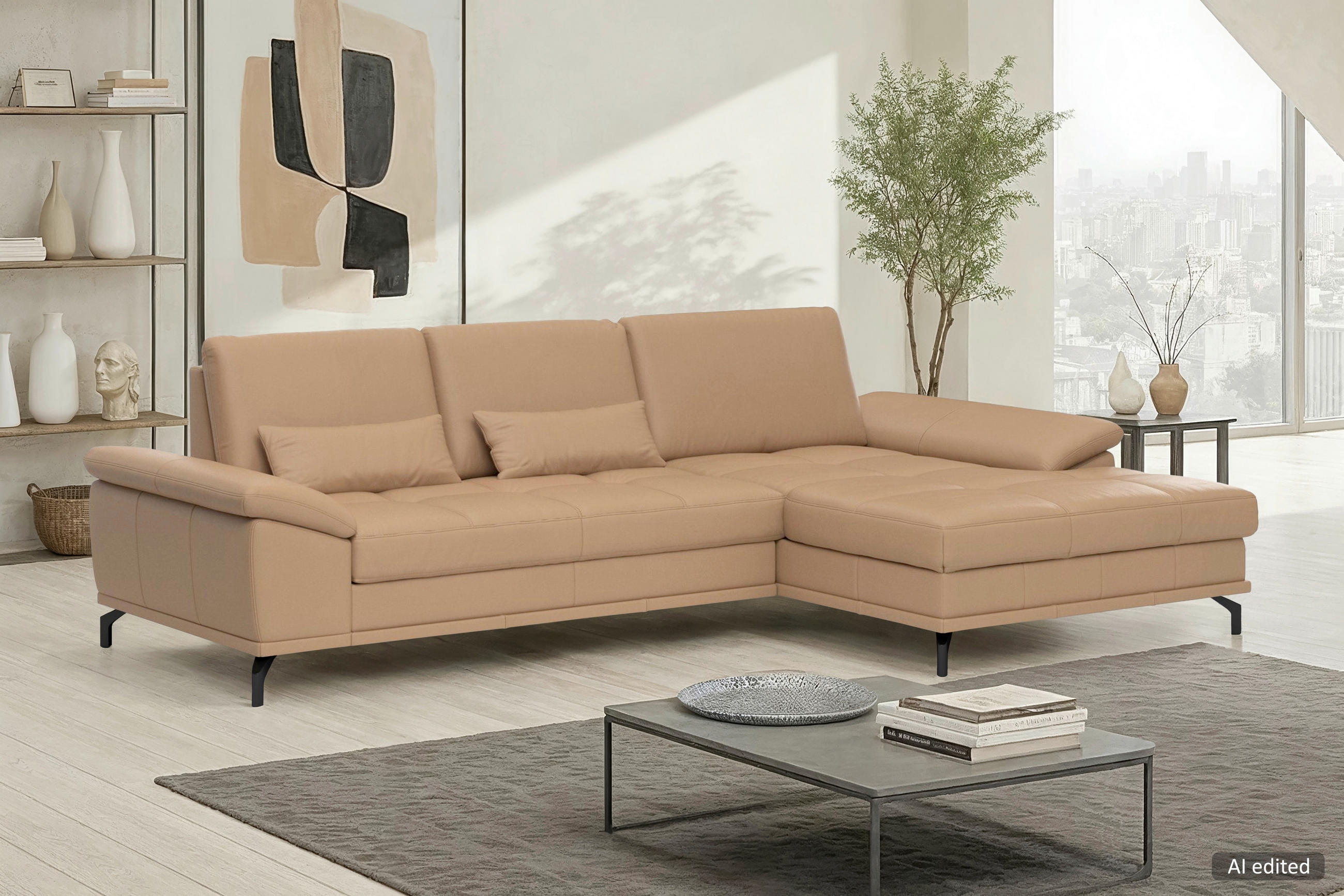 ECKSOFA COSTELLO E Cappuccino Echtleder Nierenkissen, Armteilverstellung, Sitztiefenverstellung  - Schwarz/Cappuccino, Basics, Leder/Textil (301/176cm) - Sit & More