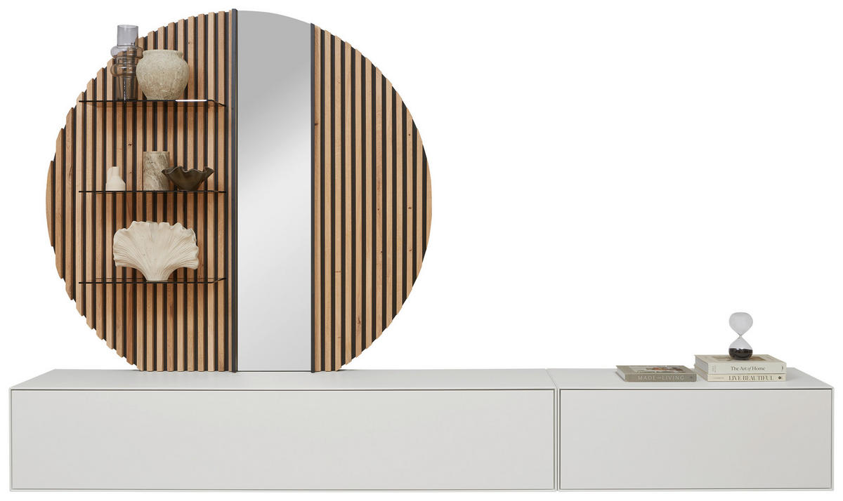 WOHNWAND  in Weiss, Eichefarben 288/206/44 cm  - Weiss/Eichefarben, Design, Glas/Holz (288/206/44cm) - Johann Jakob
