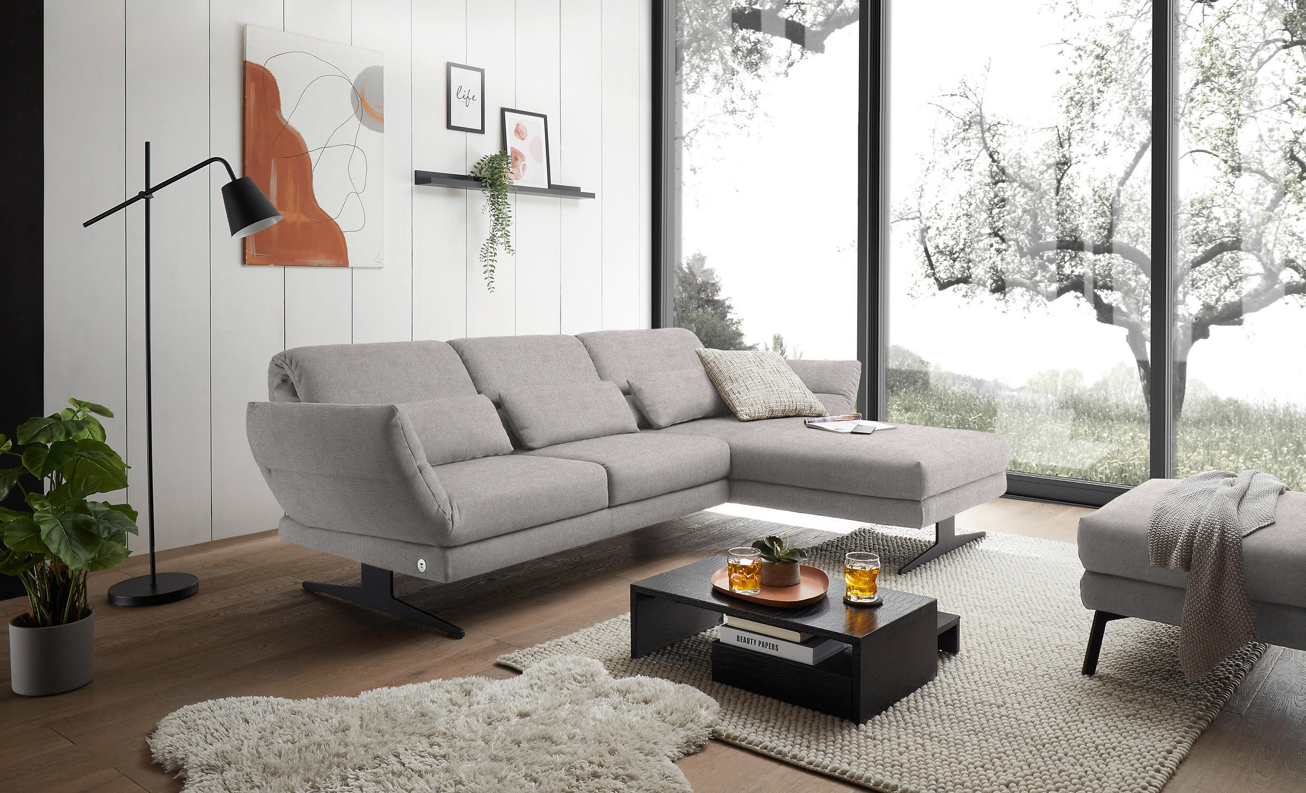 ECKSOFA in Flachgewebe Sandfarben  - Sandfarben/Schwarz, Design, Textil/Metall (279-327/176-217cm) - Dieter Knoll