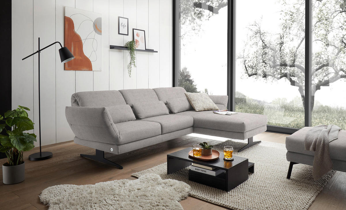 ECKSOFA in Flachgewebe Sandfarben  - Sandfarben/Schwarz, Design, Textil/Metall (279-327/176-217cm) - Dieter Knoll
