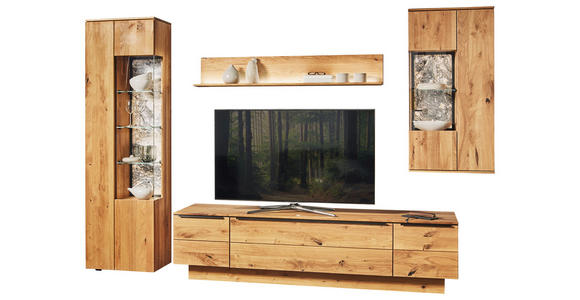 WOHNWAND  in Eichefarben  320/205,7/53,7 cm  - Eichefarben/Schwarz, Natur, Glas/Holz (320/205,7/53,7cm) - Valnatura