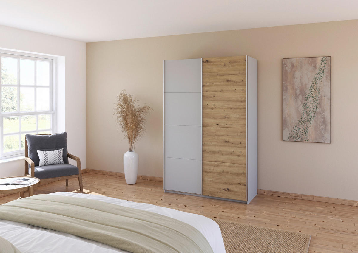 SCHWEBETÜRENSCHRANK  in Eiche Artisan, Seidengrau  - Seidengrau/Alufarben, KONVENTIONELL, Holzwerkstoff/Metall (136/210/62cm) - Xora