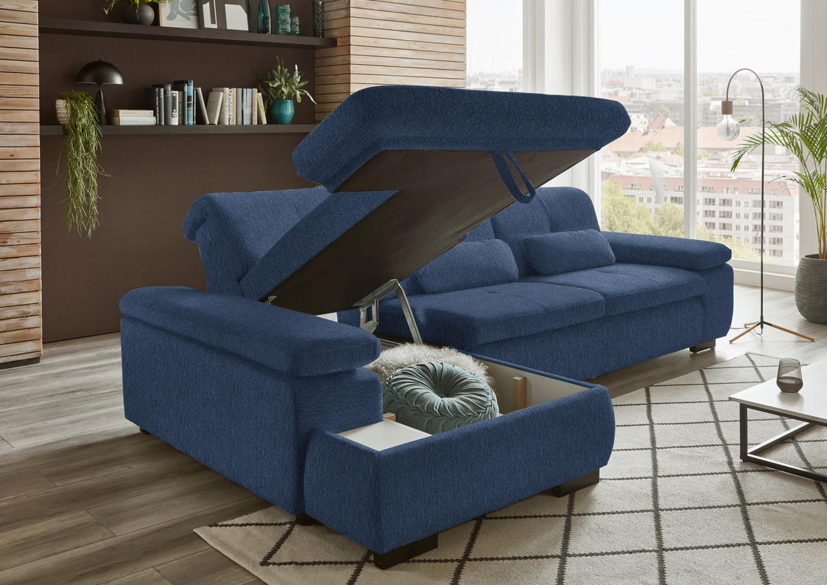 ECKSOFA in Flachgewebe Dunkelblau  174/297 cm  - Schwarz/Dunkelblau, Design, Textil/Metall (174/297cm) - Beldomo Style