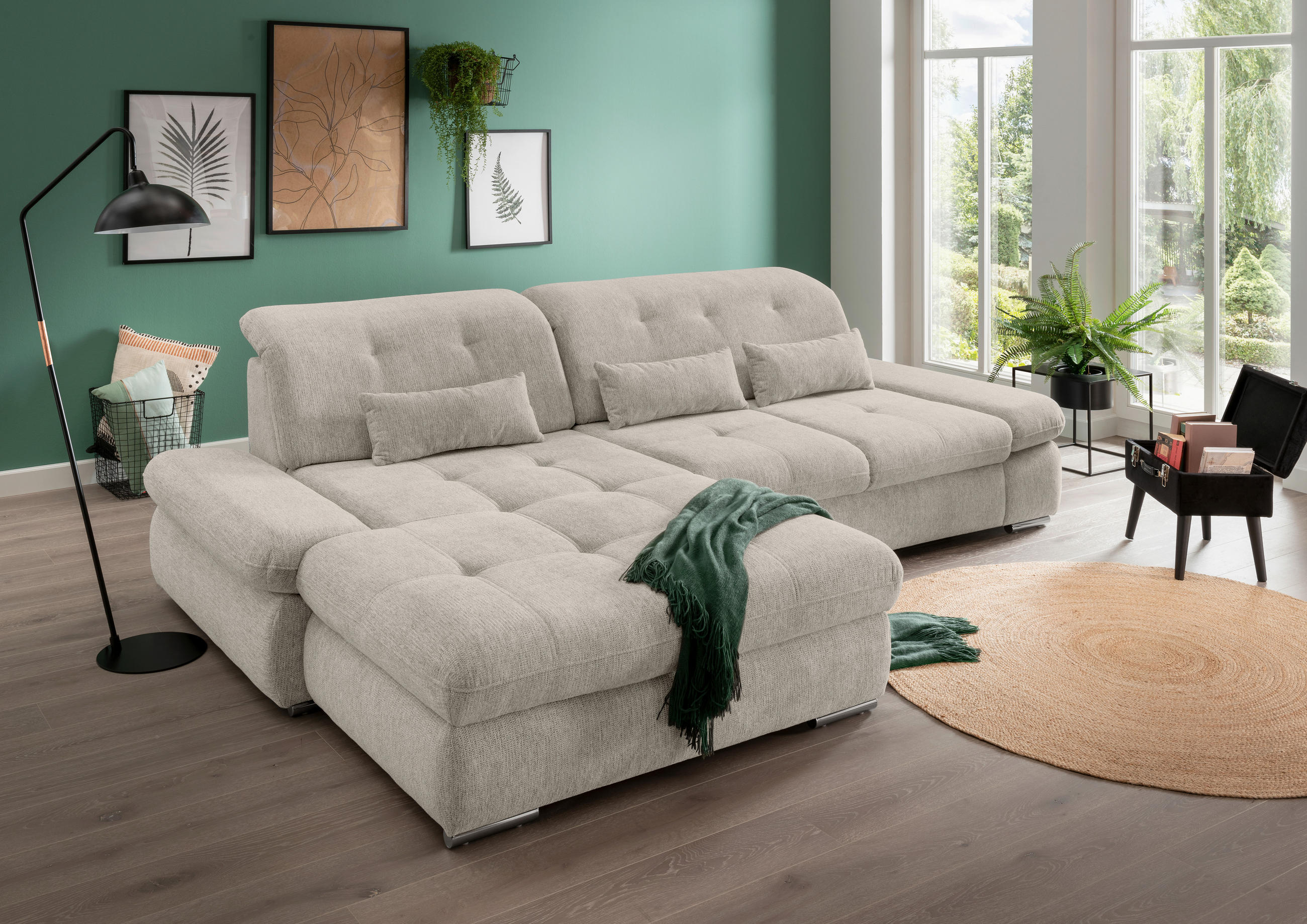 ECKSOFA in Chenille Beige  - Chromfarben/Beige, Design, Textil/Metall (196/300cm) - Livetastic