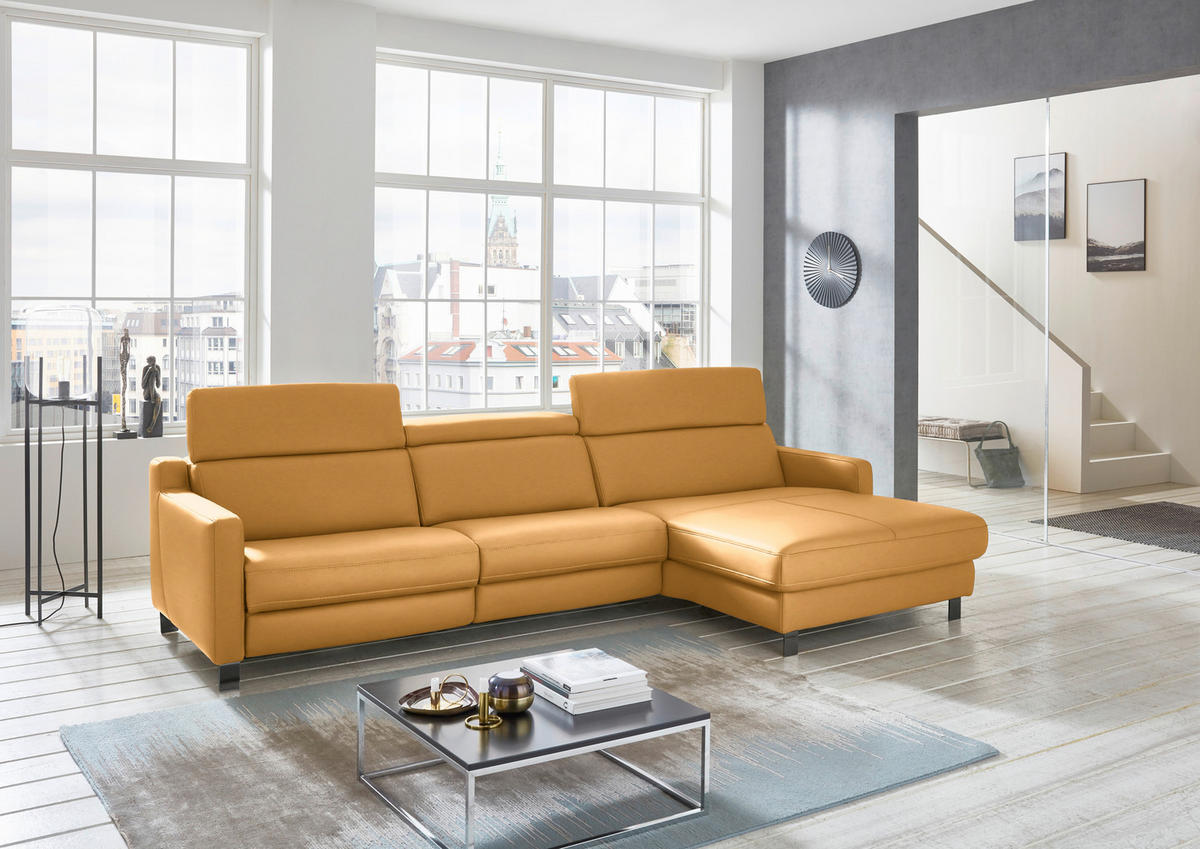 ECKSOFA in Echtleder Currygelb  - Currygelb/Schwarz, Design, Leder/Metall (291/176cm) - Valdera