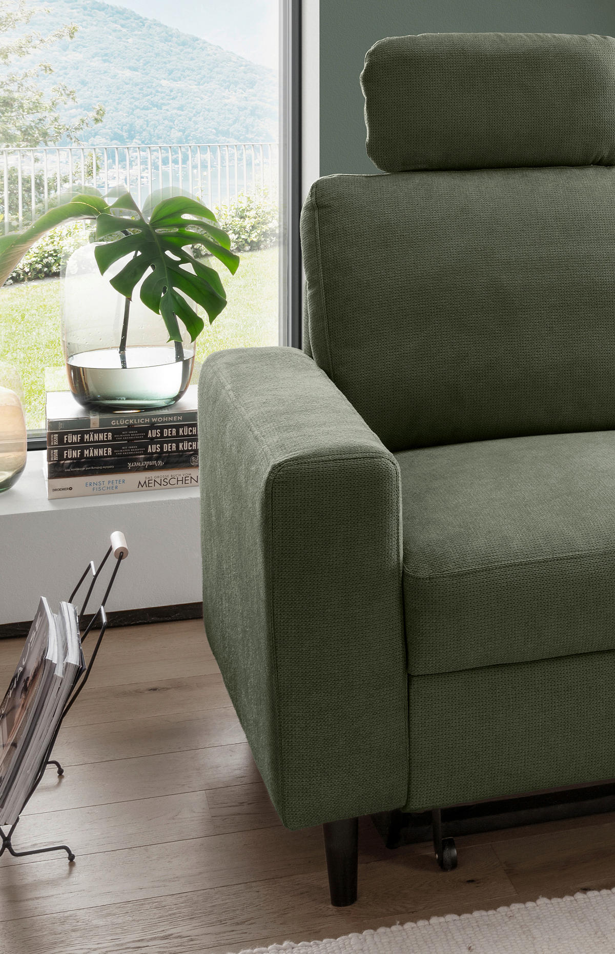 ECKSCHLAFSOFA in Chenille Dunkelgrün  - Dunkelgrün/Schwarz, Modern, Holz/Textil (234/147cm) - Livetastic