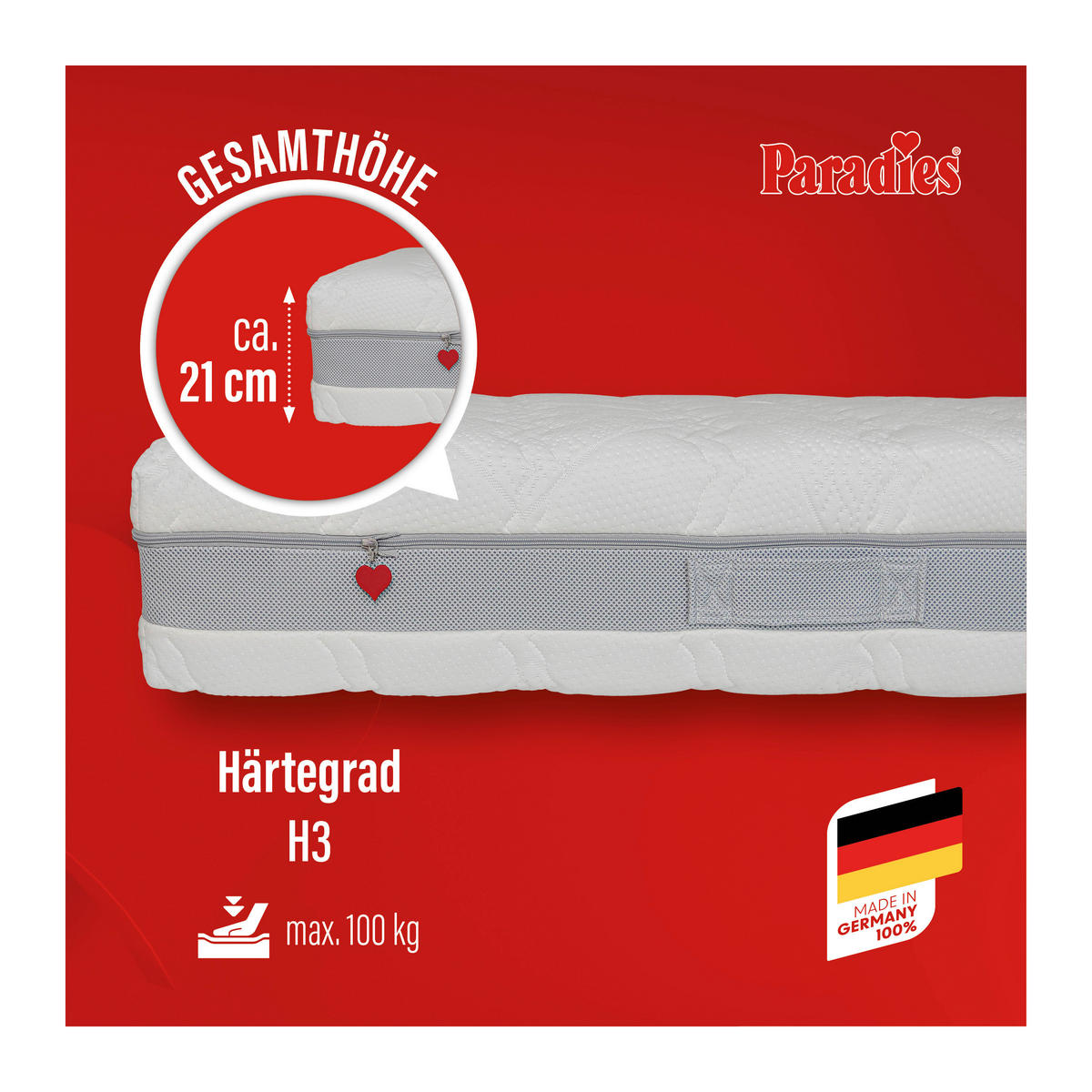 KALTSCHAUMMATRATZE 180/200 cm, Höhe ca.: 21 cm, H3 = fest, 7-Zonen - Weiß, KONVENTIONELL, Textil (180/200cm) - Paradies