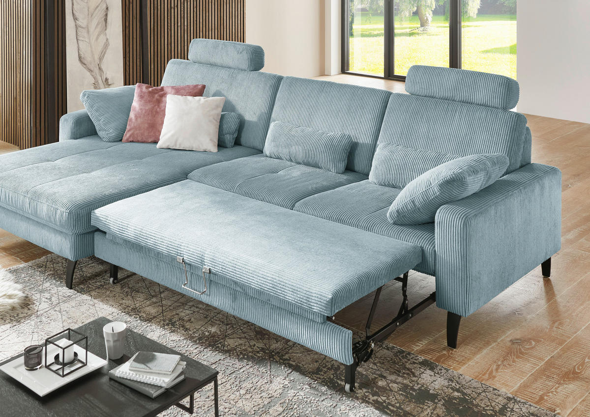 ECKSOFA in Cord Hellblau  - Schwarz/Hellblau, Modern, Textil/Metall (177/302cm) - Beldomo Style