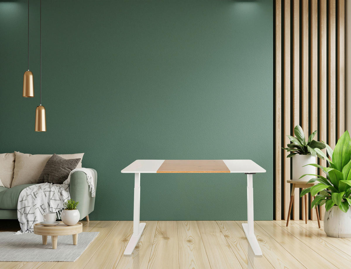 SKRIVBORD 140/70/73 - 118 cm  i vit, ekfärgad  - vit/ekfärgad, Modern, metall/trämaterial (140/70/73 - 118cm) - MID.YOU