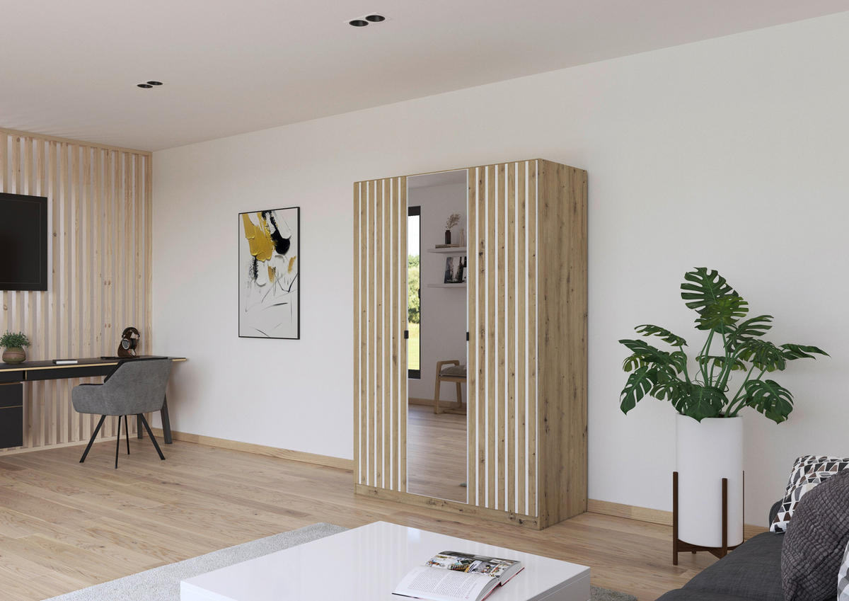 DREHTÜRENSCHRANK Weiss, Eiche Artisan  - Weiss/Eiche Artisan, Modern, Holzwerkstoff/Metall (136/197/54cm) - Rauch Möbel