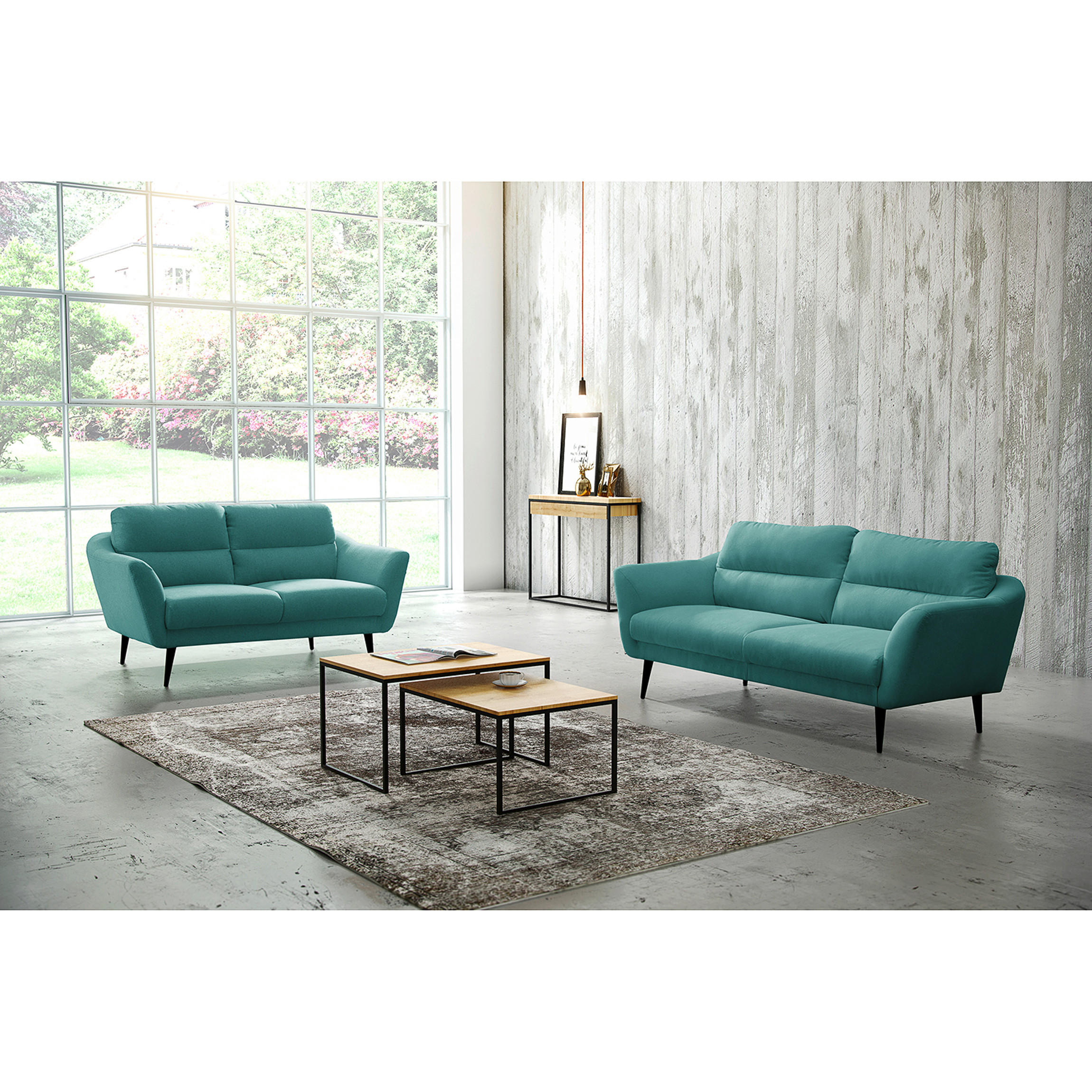 2-SITZER-SOFA in Webstoff Türkis  - Türkis/Schwarz, Design, Holz/Textil (158/87/88cm) - Livetastic