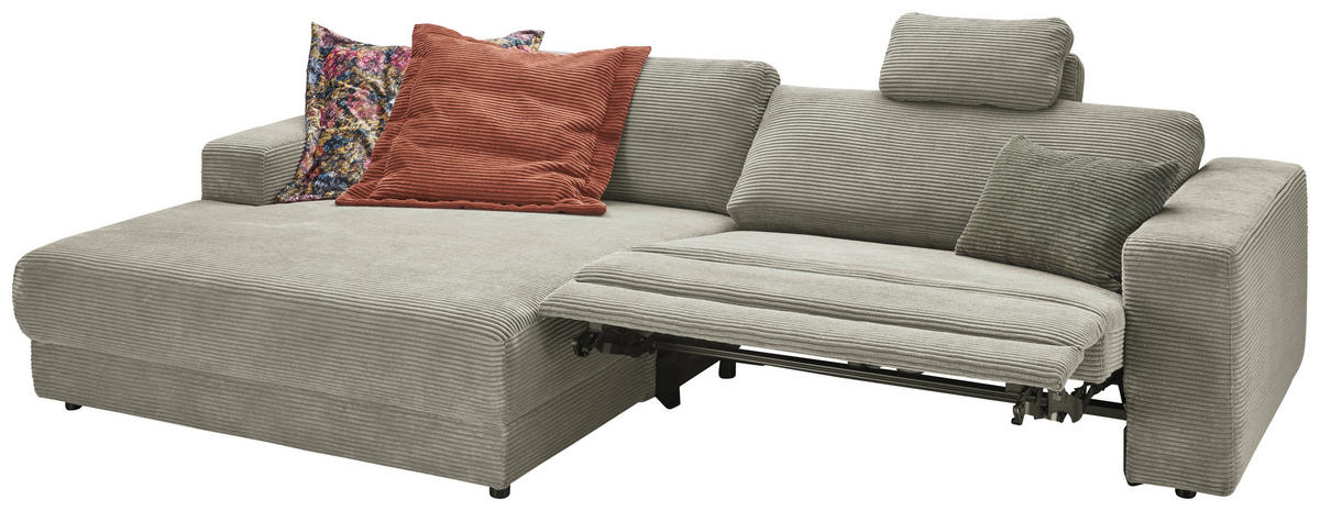 ECKSOFA inkl. Relaxfunktion in Cord Graubraun  - Graubraun/Schwarz, Design, Kunststoff/Textil (168/296cm) - Pure Home Lifestyle