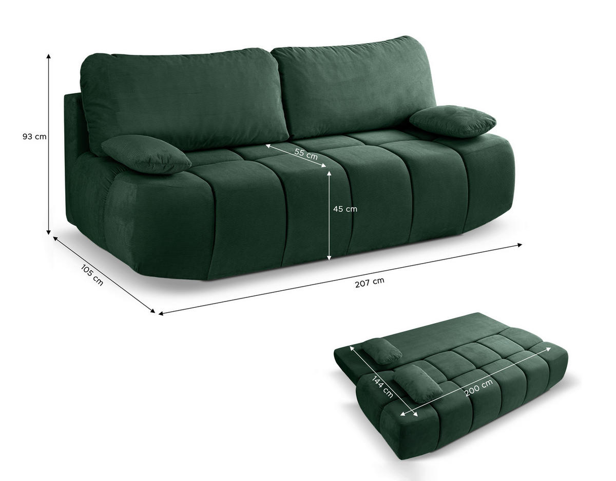 SCHLAFSOFA LAUDER  mit Cord Smaragdgrün  - Smaragdgrün/Schwarz, Basics, Kunststoff/Textil (207/93/105cm) - MID.YOU