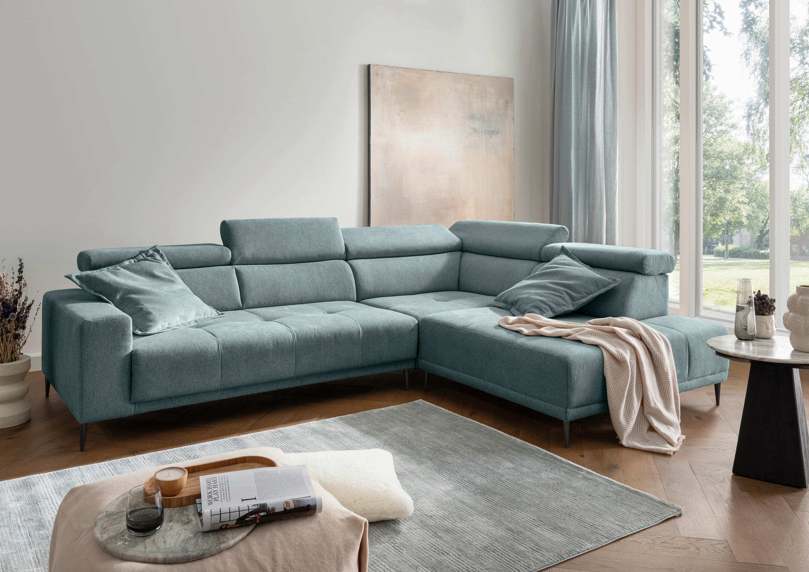 ECKSOFA INTERA Mintgrün Chenille Kopfteilverstellung, Sitzvorzug  - Schwarz/Mintgrün, KONVENTIONELL, Textil/Metall (305/225cm) - Livetastic