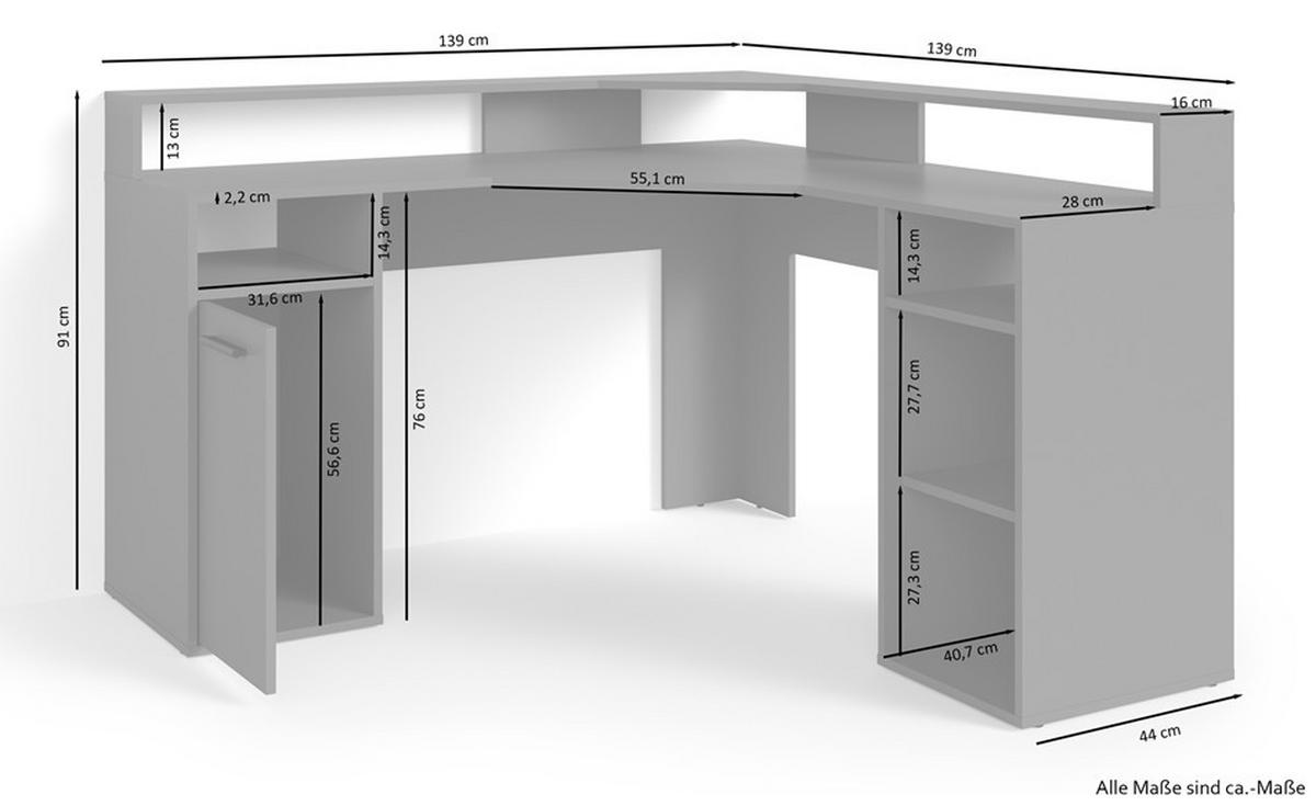 ECKSCHREIBTISCH 139/139/90,8 cm Anthrazit Kabeldurchlass, Stauraum, Regal  - Anthrazit/Schwarz, MODERN, Holzwerkstoff/Kunststoff (139/139/90,8cm) - MID.YOU