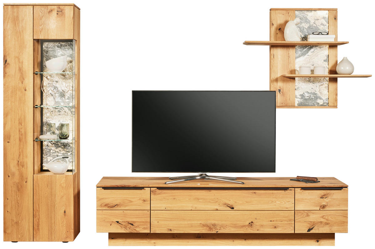WOHNWAND  in Eichefarben 320/205,7/53,7 cm  - Eichefarben/Schwarz, Natur, Glas/Holz (320/205,7/53,7cm) - Valnatura