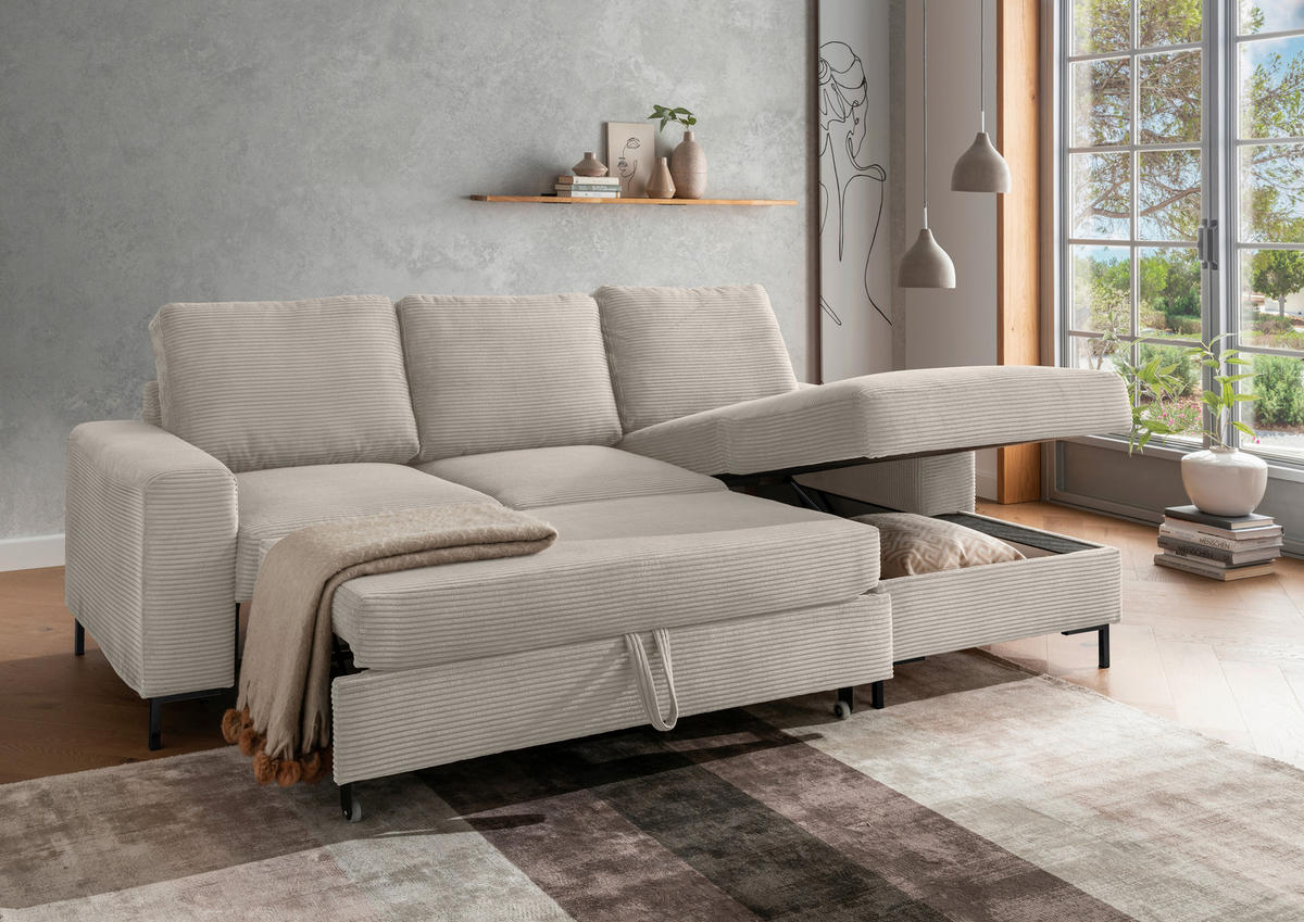 ECKSCHLAFSOFA in Cord Beige  - Beige/Schwarz, KONVENTIONELL, Textil/Metall (237/143cm) - Livetastic