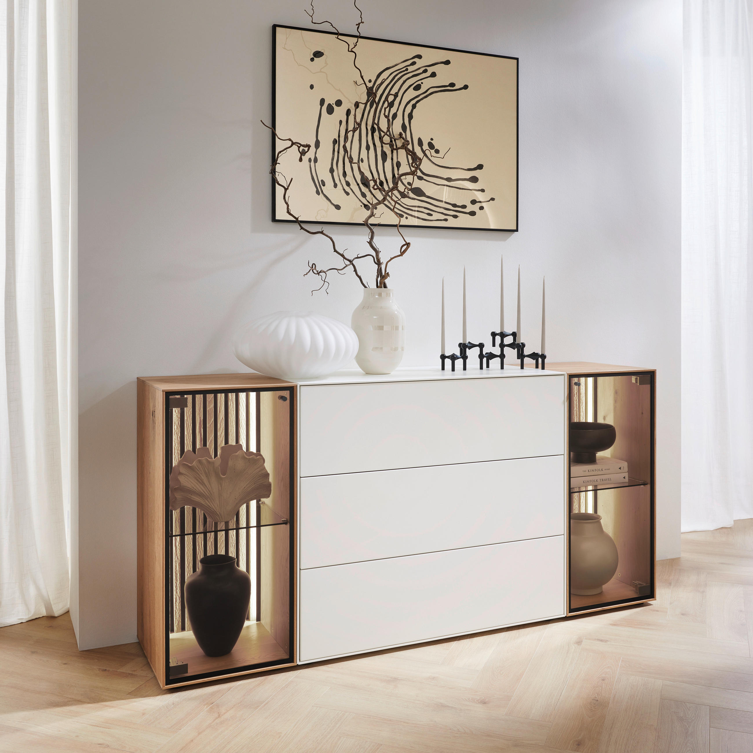 SIDEBOARD Weiss, Eichefarben  182/90/44 cm  - Weiss/Eichefarben, Design, Glas/Holz (182/90/44cm) - Johann Jakob