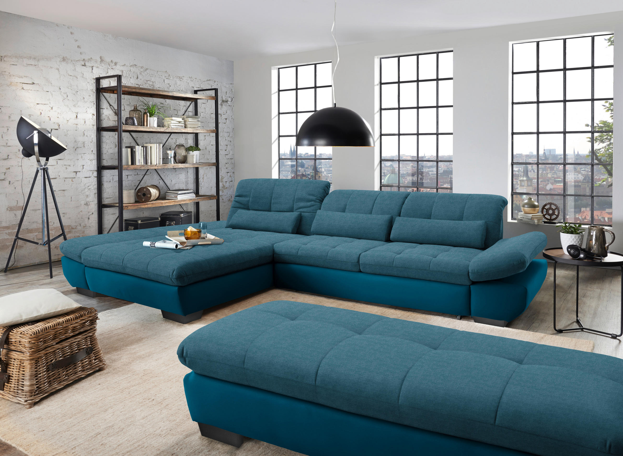 ECKSOFA in Mikrofaser Dunkelblau  - Schwarz/Dunkelblau, Design, Textil/Metall (204/341cm) - Xora