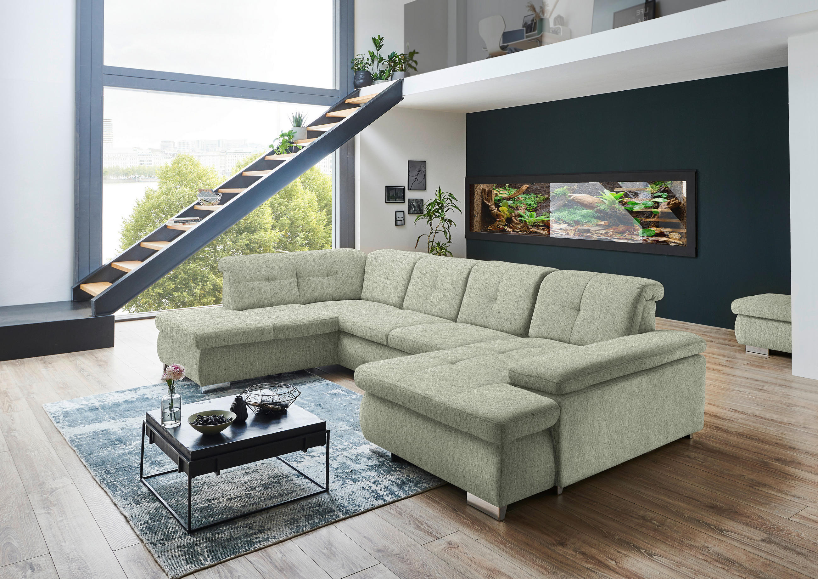 WOHNLANDSCHAFT Grün Webstoff  - Schwarz/Grün, Design, Textil/Metall (210/337/174cm) - Beldomo Style