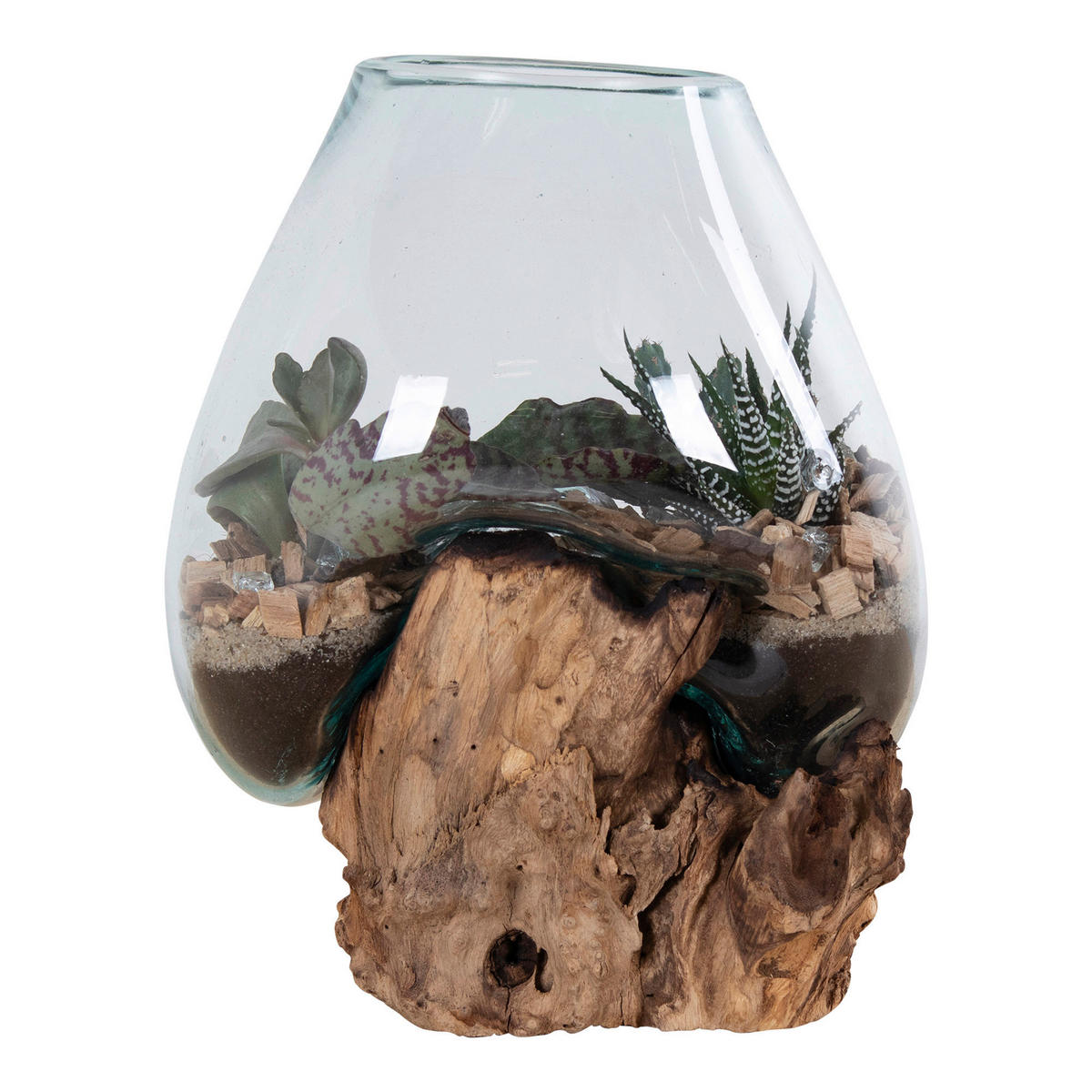 VASE  - Transparent/Teakfarben, Design, Glas/Holz (18/20/15cm)