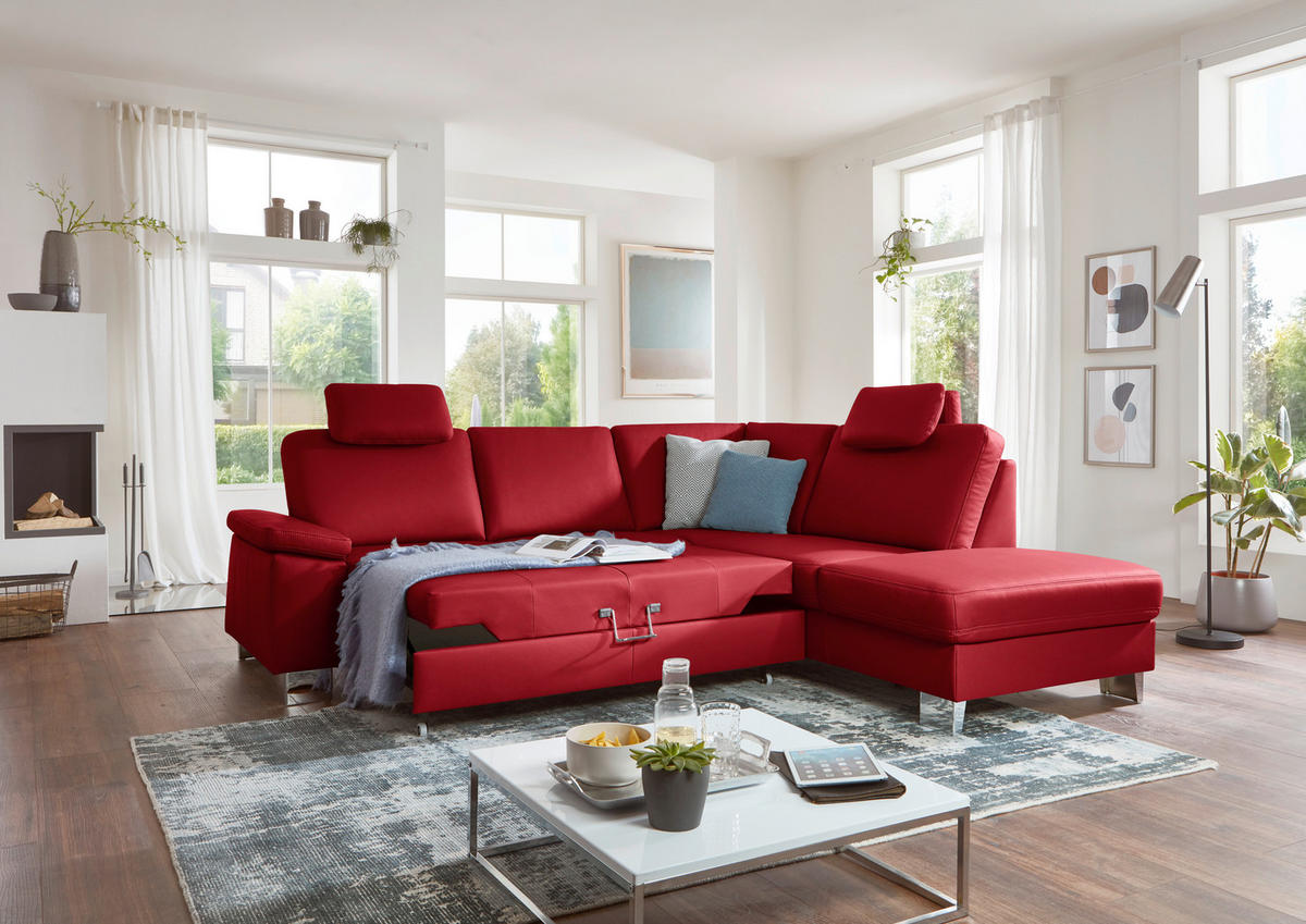 ECKSOFA  in Echtleder Rot  248/235 cm  - Rot/Alufarben, Design, Leder/Metall (248/235cm) - Beldomo Premium